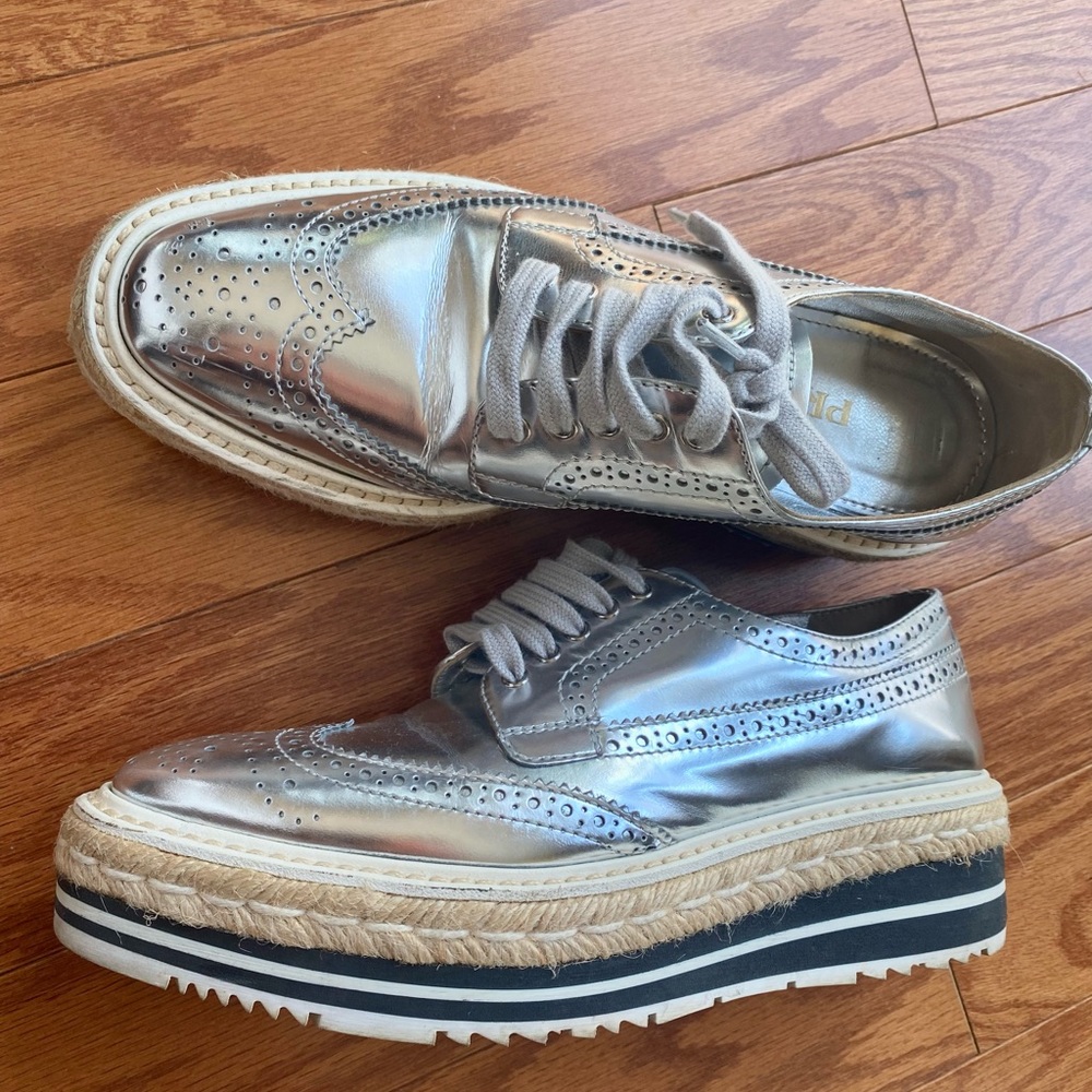 Authentic Prada platform derby shoes, silver, size 6